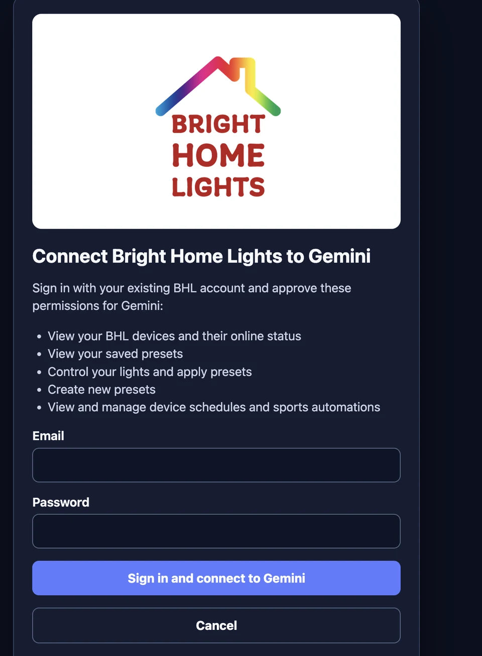 BHL account sign-in page showing Gemini permissions, blank email and password fields, and Sign in and connect to Gemini button