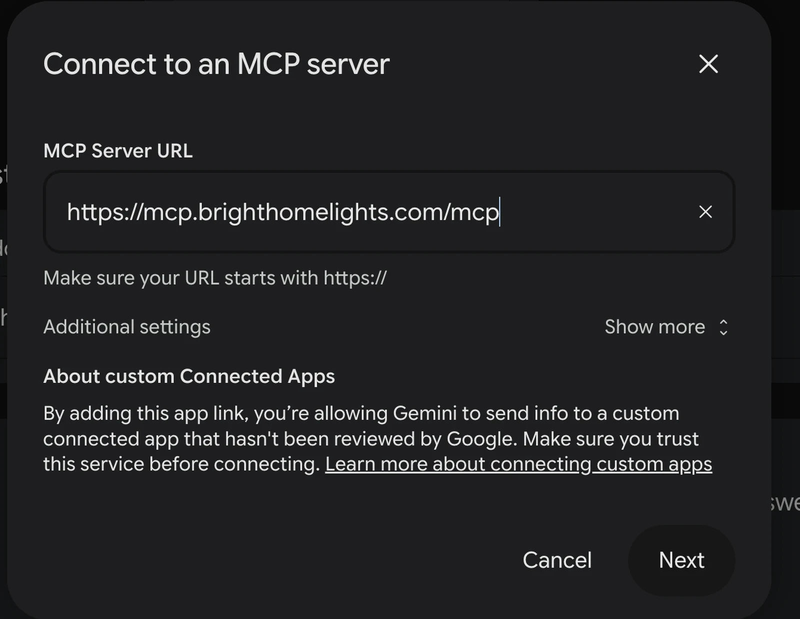 Gemini MCP Server URL field containing https://mcp.brighthomelights.com/mcp with the Next button