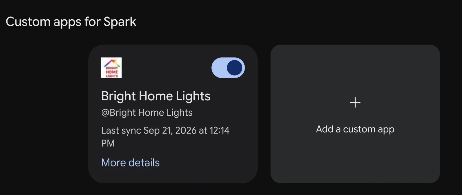 Bright Home Lights custom app in Gemini with its connection switch enabled