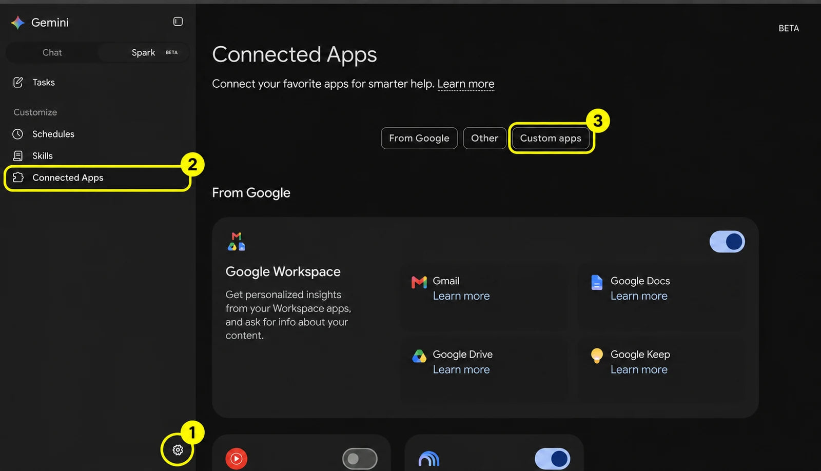 Gemini settings gear, Connected Apps menu, and Custom apps button highlighted in yellow