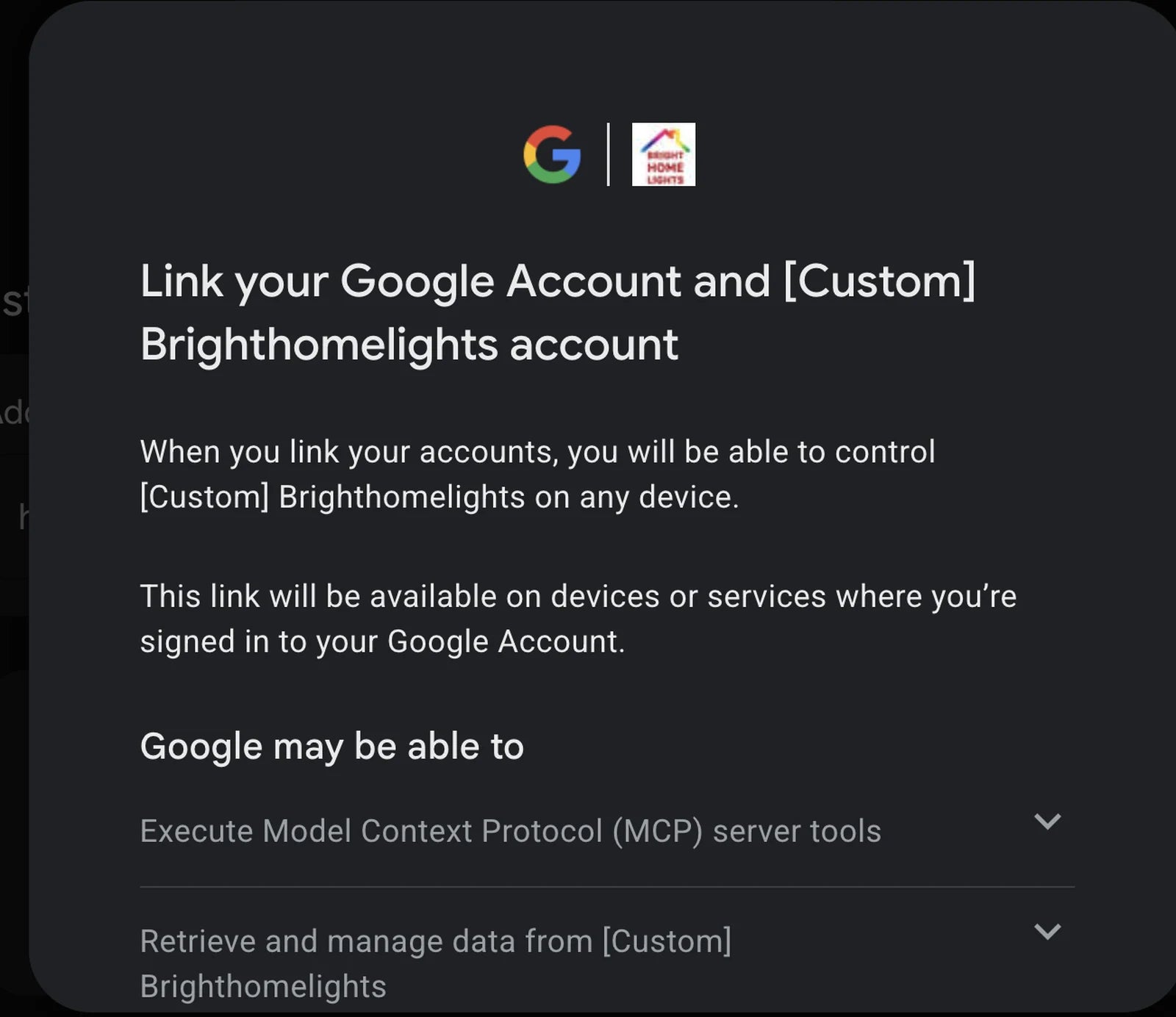 Google account-linking screen for the custom Bright Home Lights app