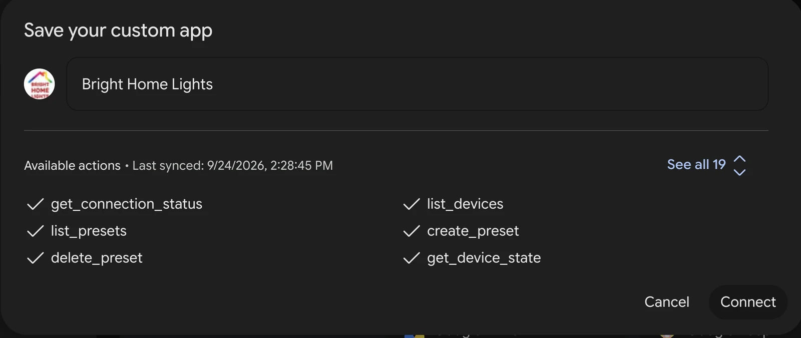 Gemini Save your custom app screen for Bright Home Lights with available actions and Connect button