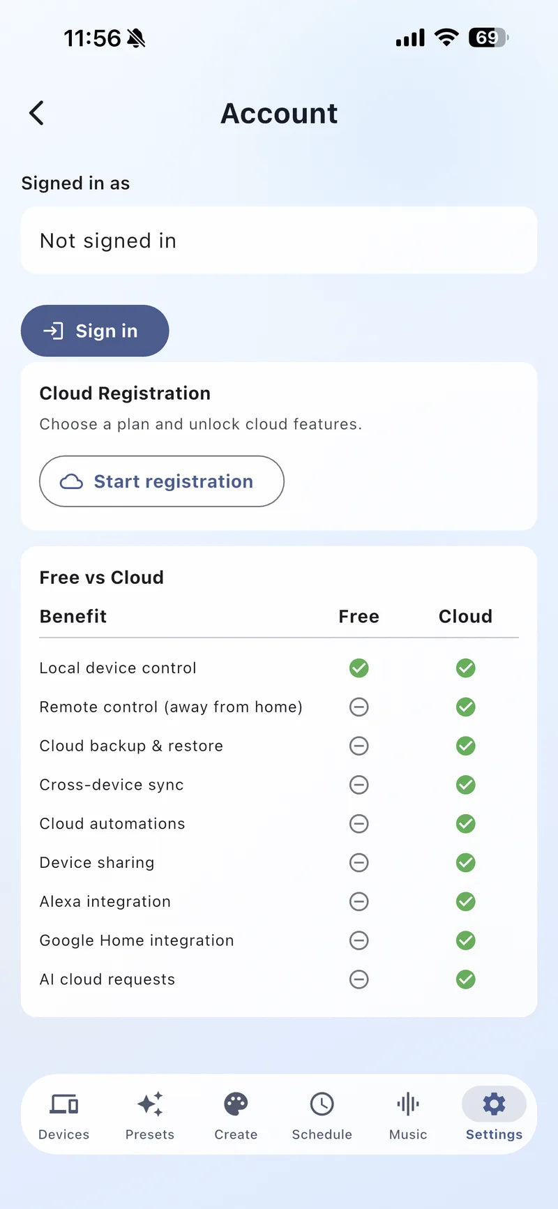 Bright Home Lights app account and cloud subscription screen