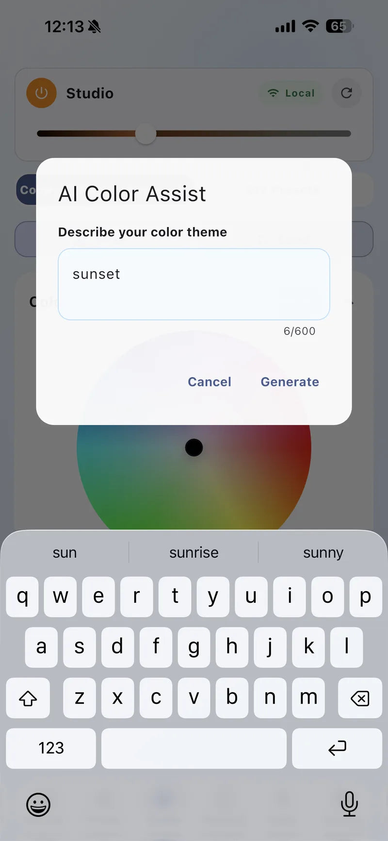 Bright Home Lights app AI color assistant creating a custom palette