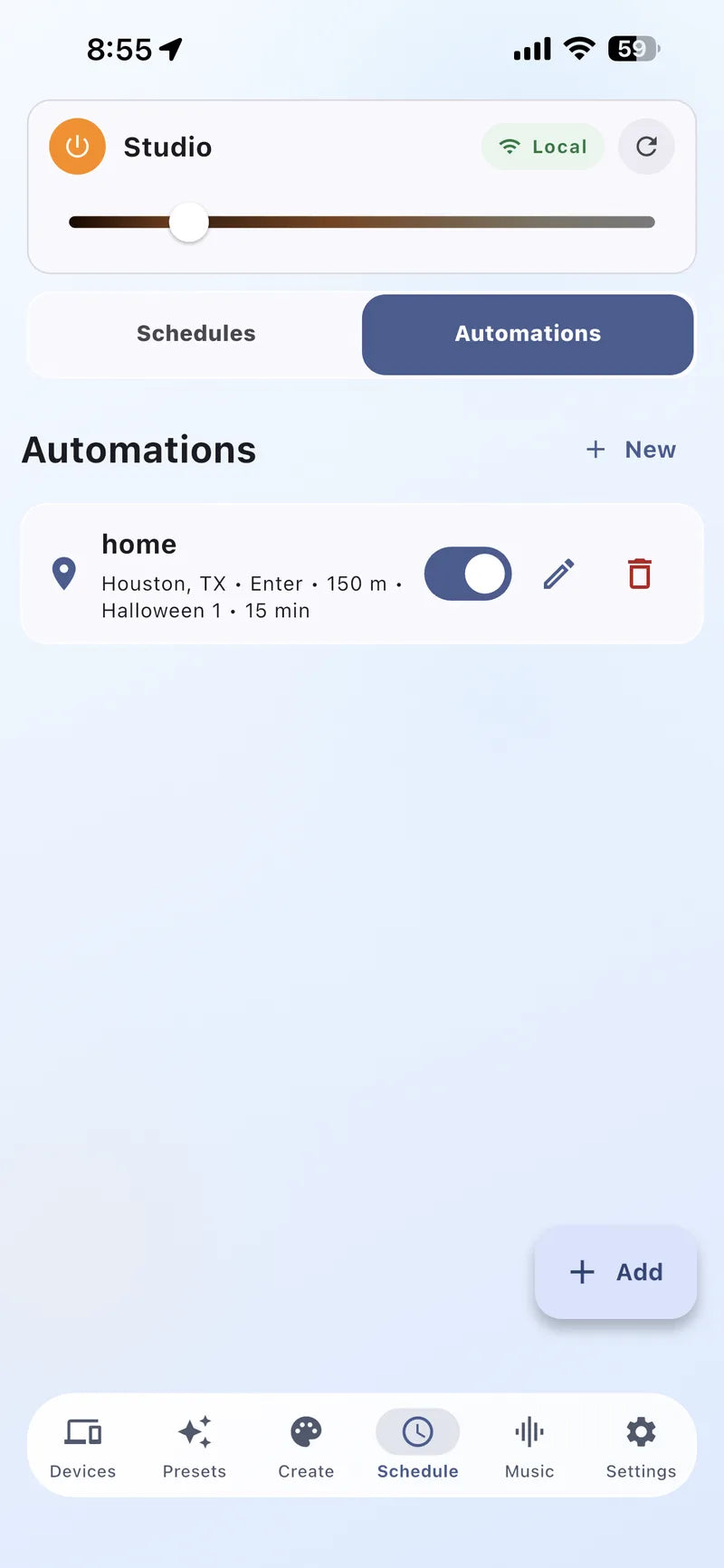 Bright Home Lights app automations screen with location-based options