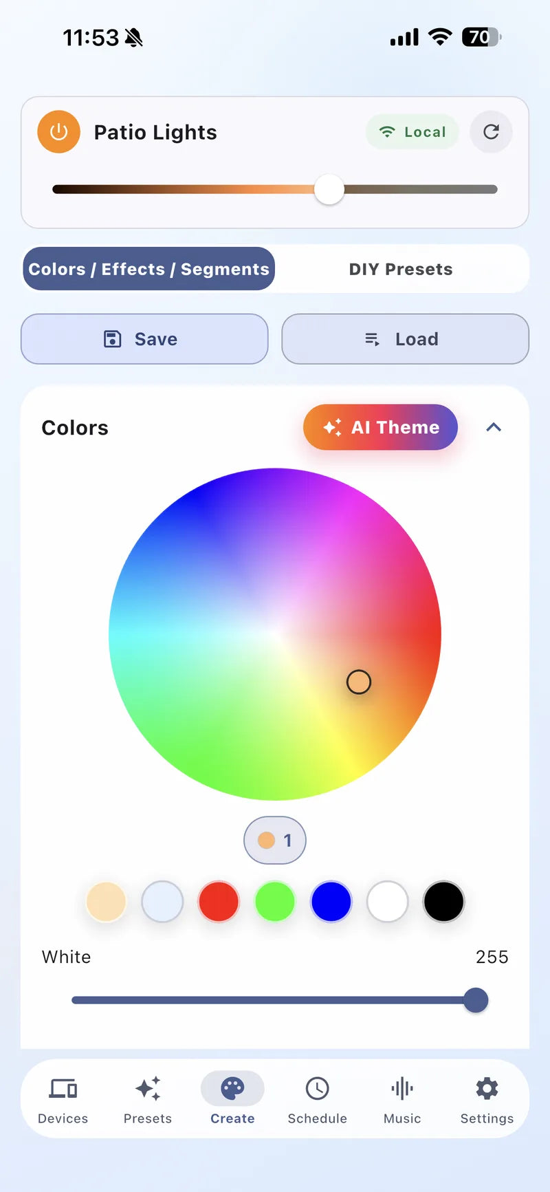 Bright Home Lights app Create screen with color wheel and palette controls