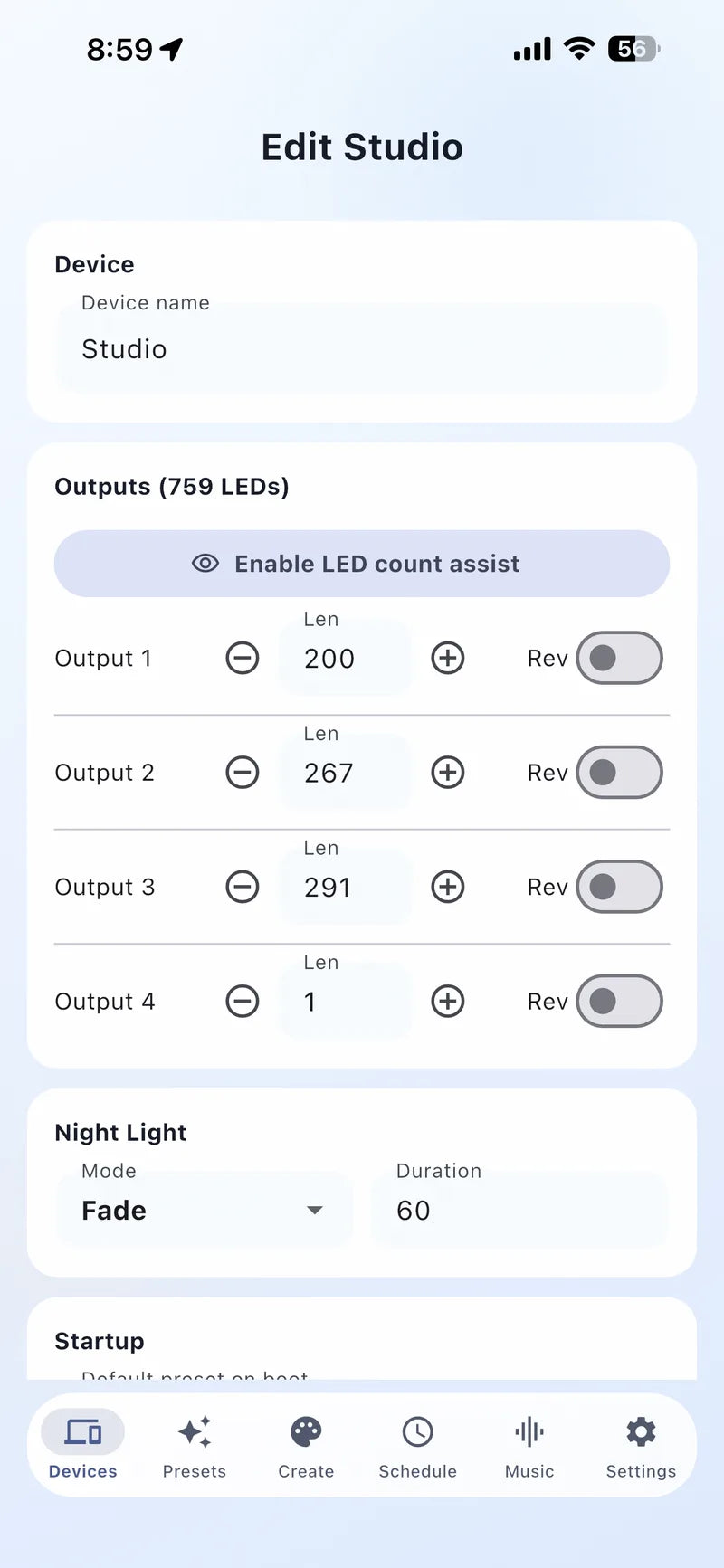 Bright Home app device settings showing LED counts for four controller outputs