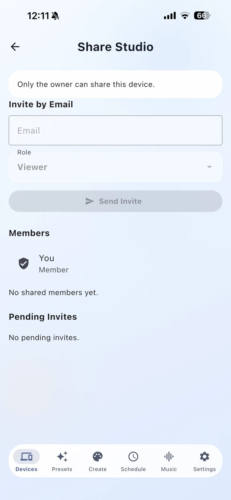 Bright Home Lights app device sharing screen with member roles