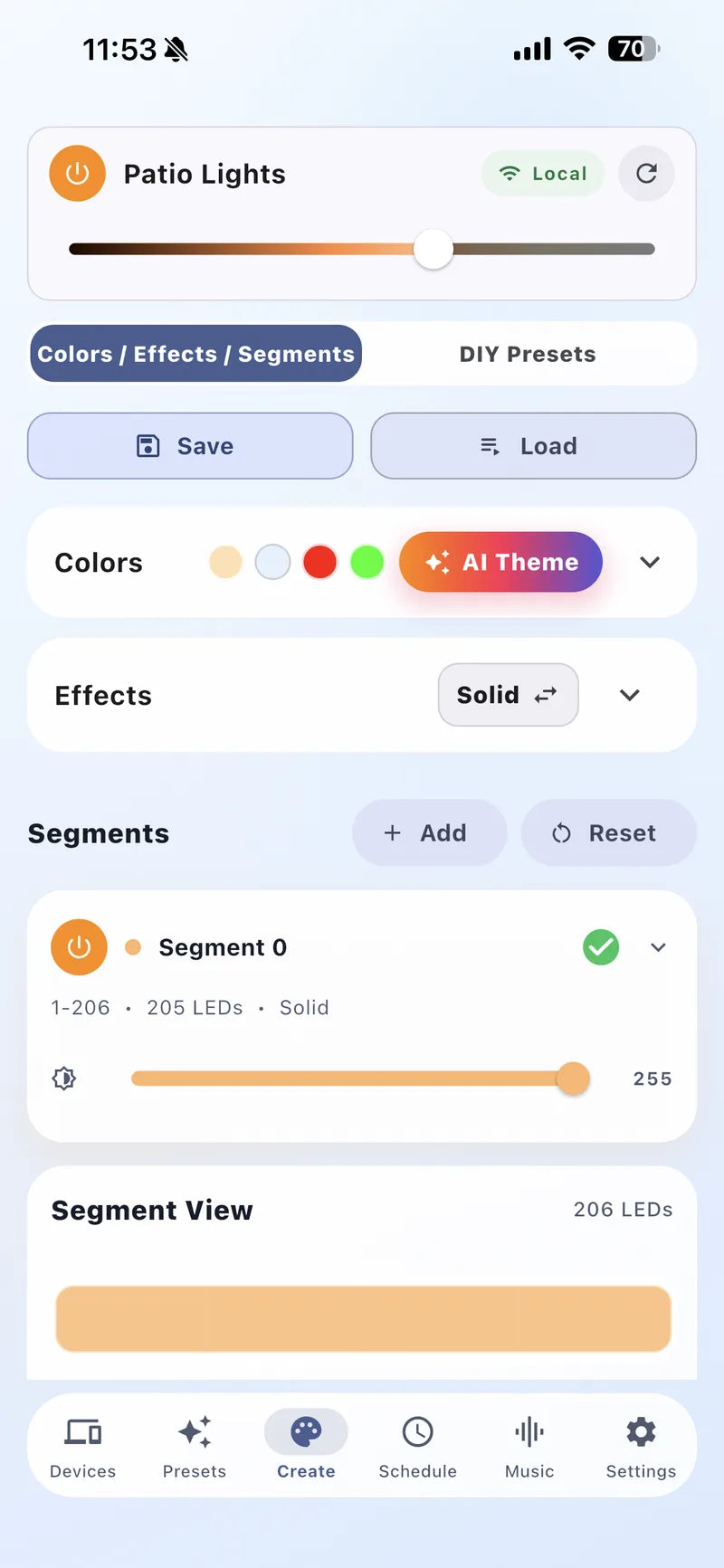 Bright Home app effects screen showing a roofline segment