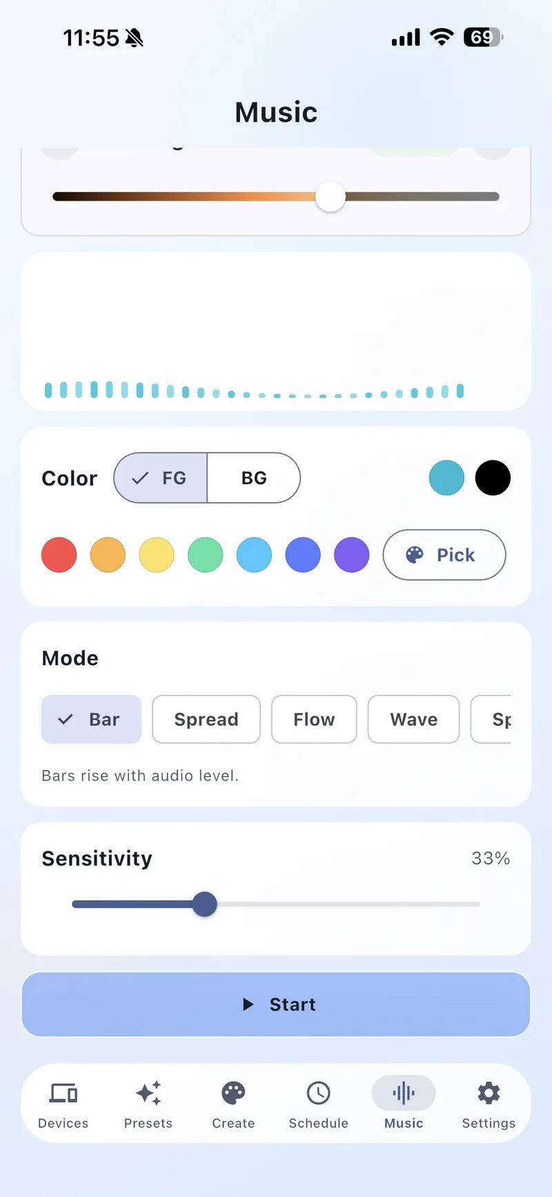 Bright Home Lights app Music Sync setup with colors and visualization controls