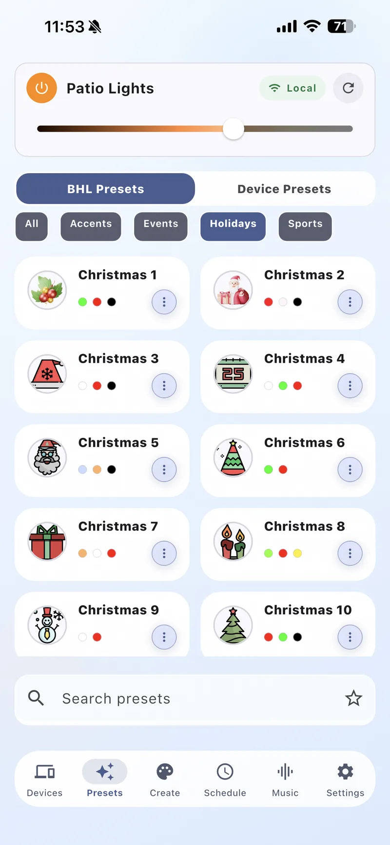 Bright Home Lights app showing saved lighting presets