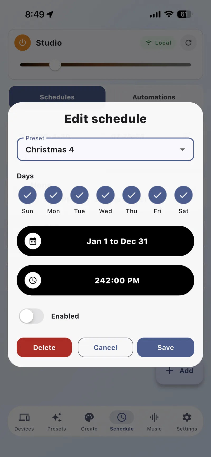 Bright Home Lights app schedule editor with time and repeat controls