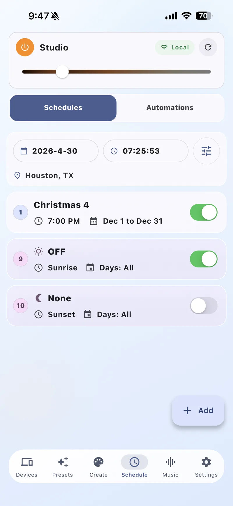 Bright Home Lights app list of lighting schedules