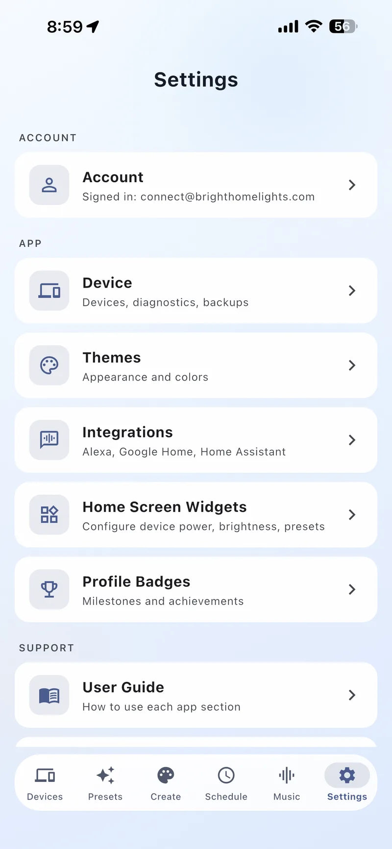 Bright Home Lights app Settings menu