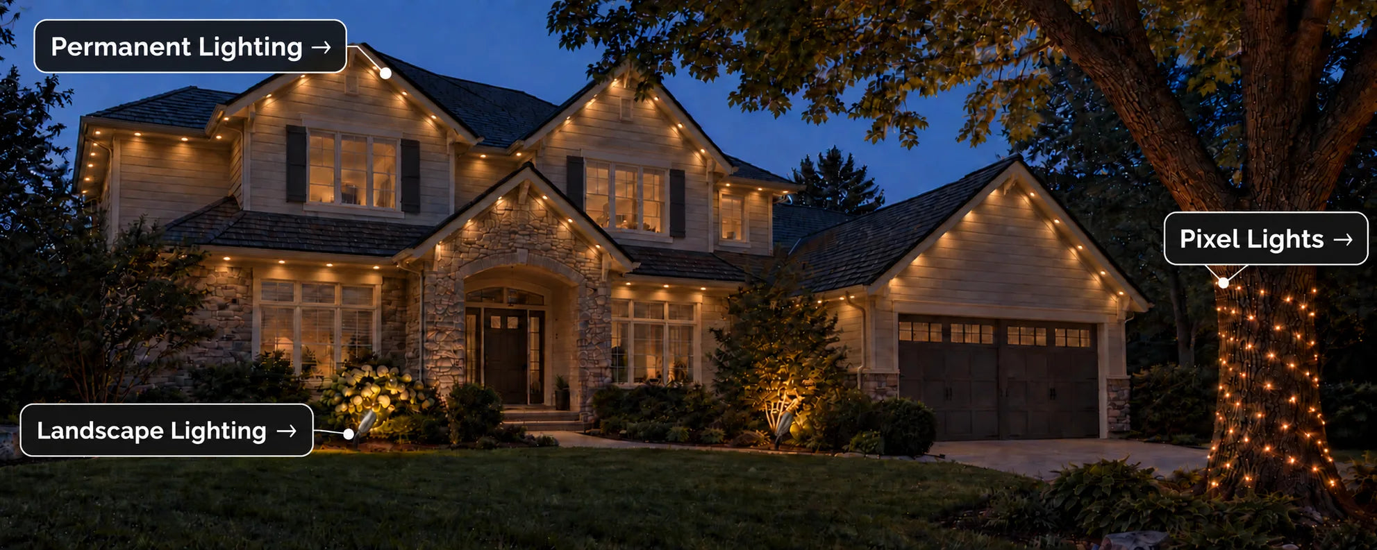 A home with coordinated warm-white permanent roofline lighting, landscape spotlights and pixel lights wrapped around a tree.