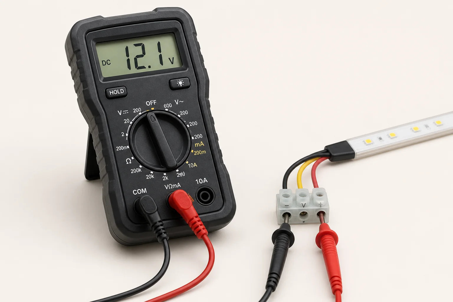 Digital multimeter measuring 12.1 volts at a permanent LED lighting connection