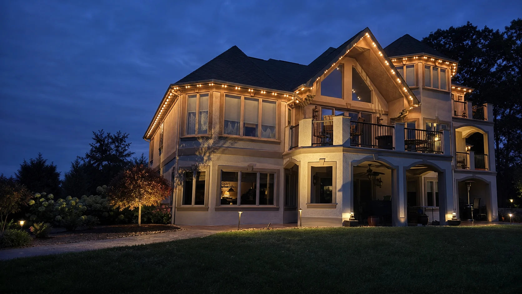 Completed warm-white permanent LED roofline lighting installation at blue hour