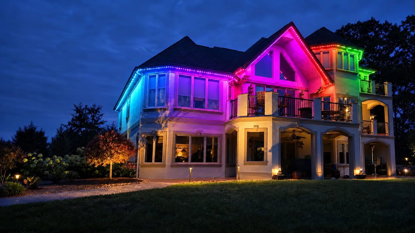 Large home with evenly spaced Bright Home Lights permanent warm-white puck lights installed along the roofline at dusk