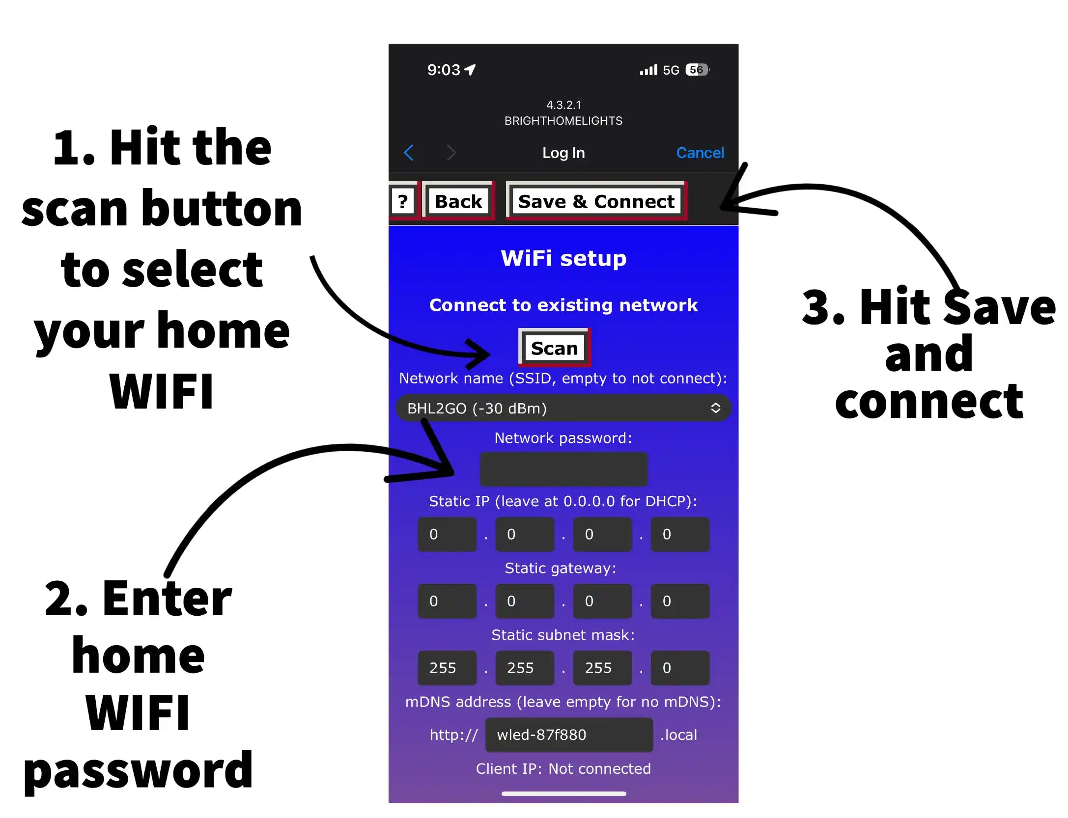 WLED WiFi setup screen showing scan, network password, and Save and Connect controls