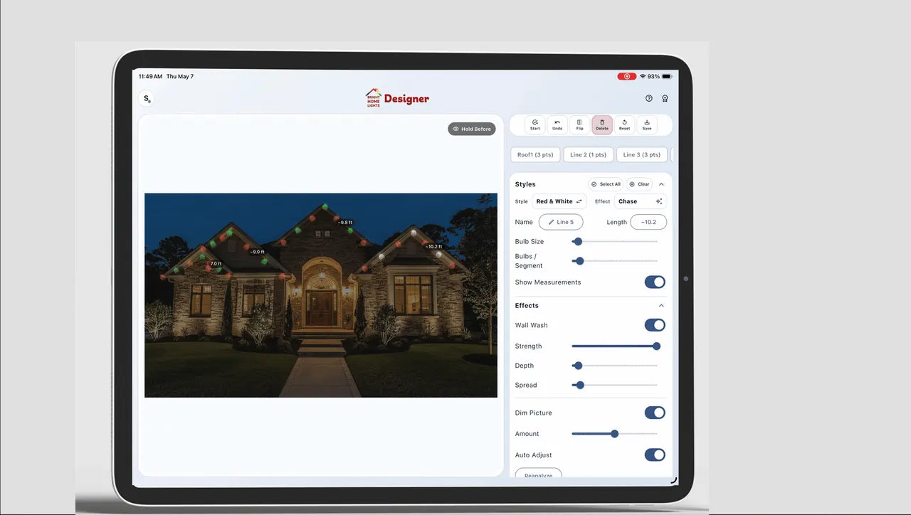 Bright Home Designer showing measured roofline sections on a home photo